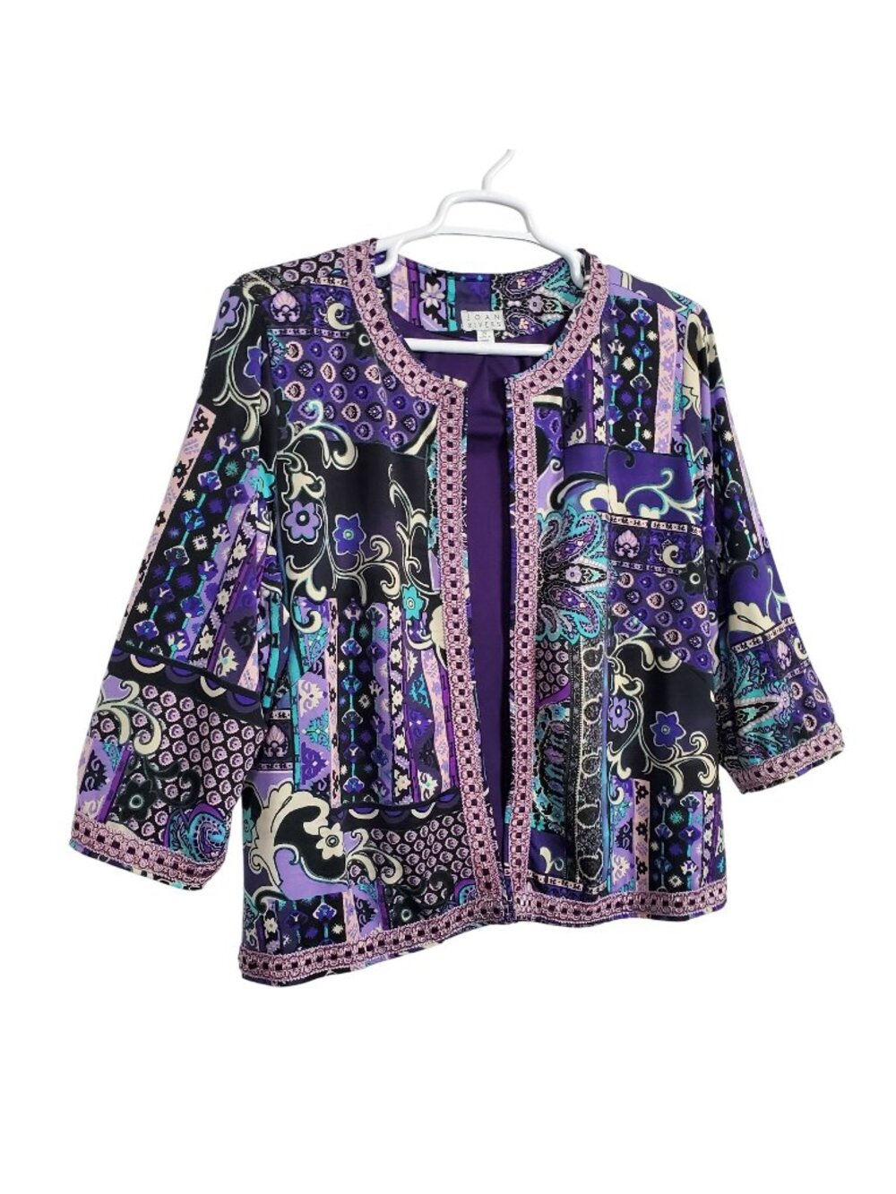 Joan Rivers Size 2X Jacket Collarless Open Floral Lace Trim Jersey Knit Lined